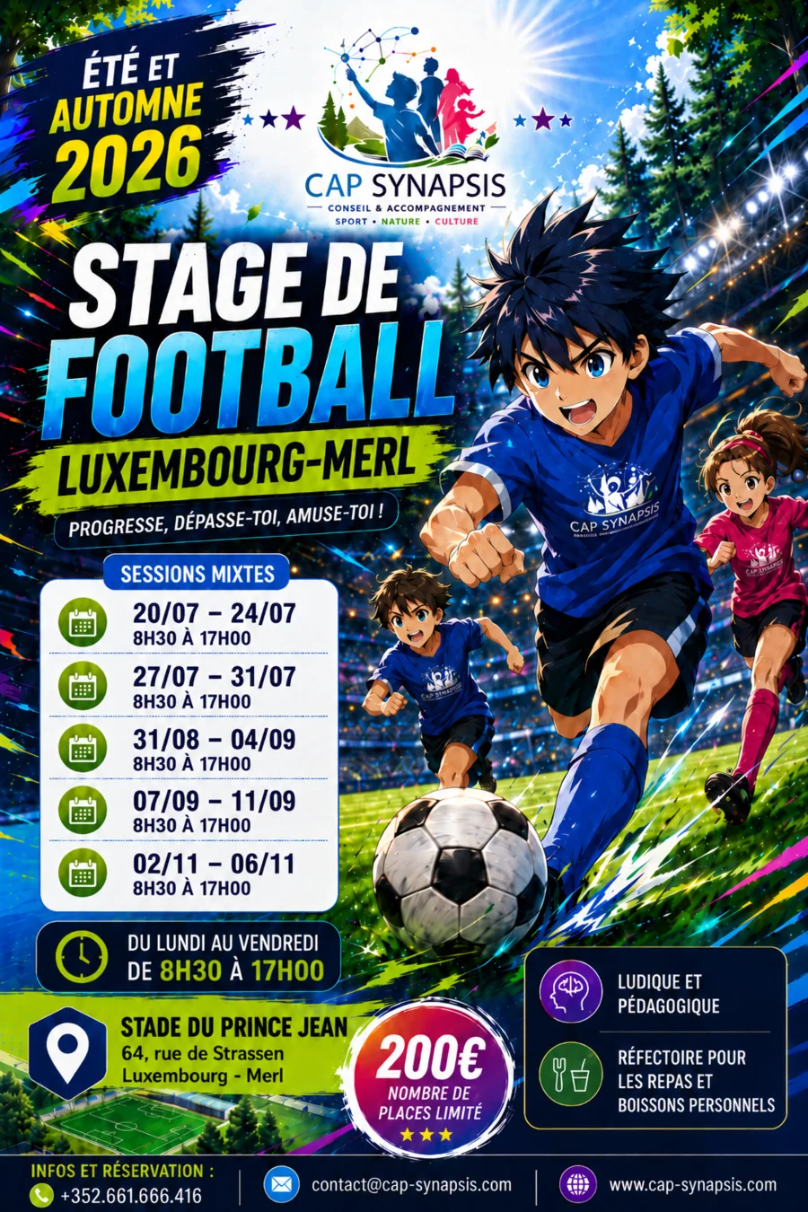 Affiche stage football mixte été et automne 2026 Luxembourg-Merl