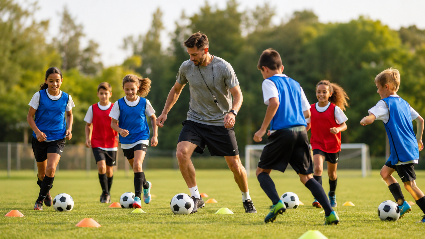 Stage football Luxembourg 2026 avec groupe d'enfants et entraîneur CAP SYNAPSIS